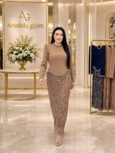 Eteği İşleme Takım Görünümlü Abiye 5531 T-26 Kahverengi