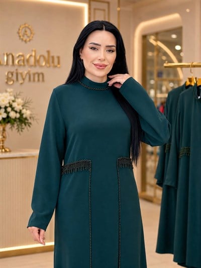 Eteği Kapak Boncuk Detay İkili Takım 1146 T-26 Zümrüt Yeşil