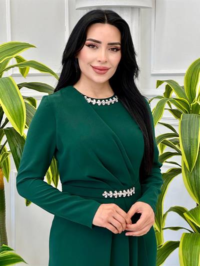 Etegi Kapaklı Krep Elbise 0656 t-24 Zümrüt Yeşil