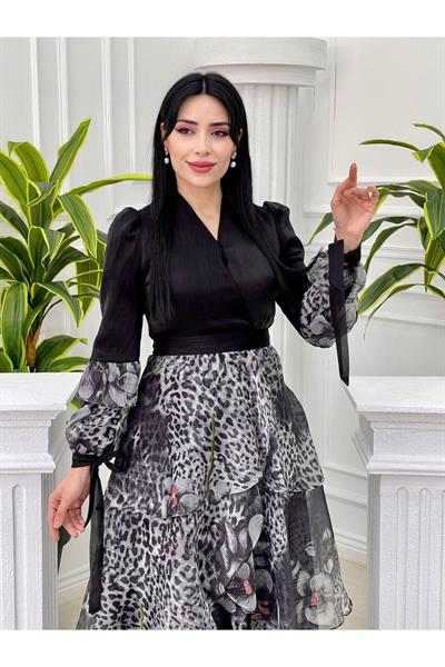 Eteği Kat Kat Çiçek Desen Elbise 3836 Gri