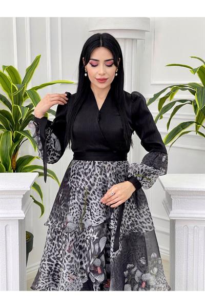 Eteği Kat Kat Çiçek Desen Elbise 3836 Gri