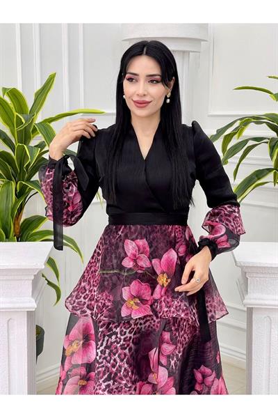 Eteği Kat Kat Çiçek Desen Elbise 3836 pembe