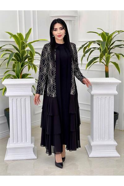 Eteği Katlı Abaya Takım 3318 Siyah