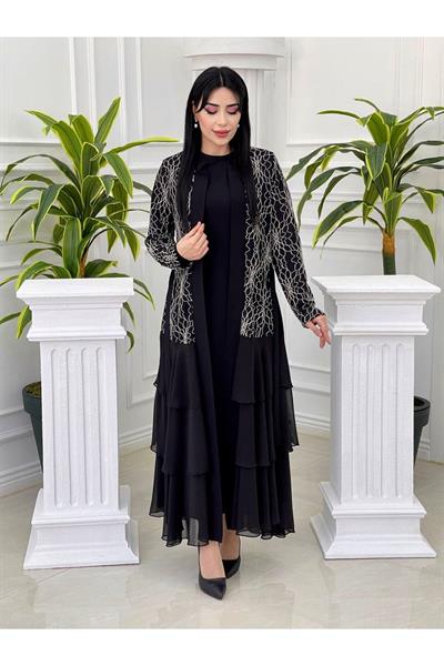 Eteği Katlı Abaya Takım 3318 Siyah