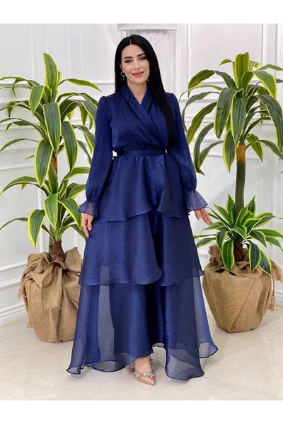 Eteği Katlı Jan Jan Elbise 3872 Lacivert