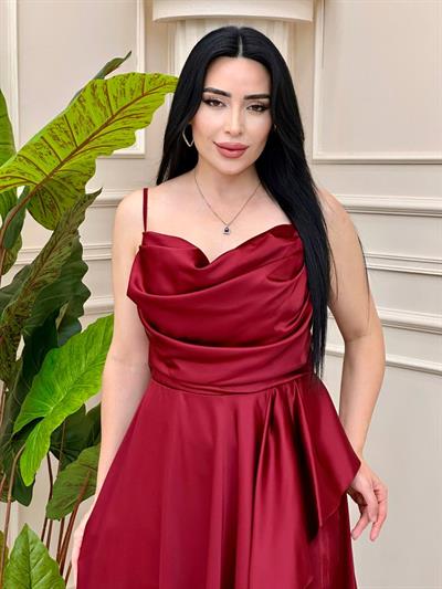 Eteği Molanlı Saten Elbise 2353 T-24 Bordo
