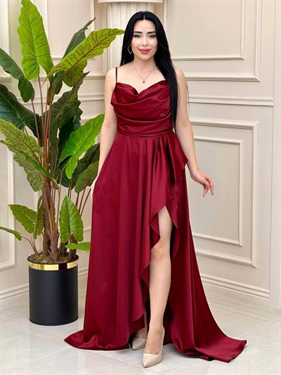 Eteği Molanlı Saten Elbise 2353 T-24 Bordo