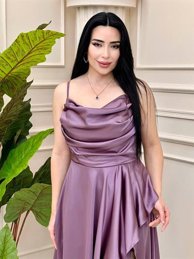 Eteği Molanlı Saten Elbise 2353 T-24 Leylak