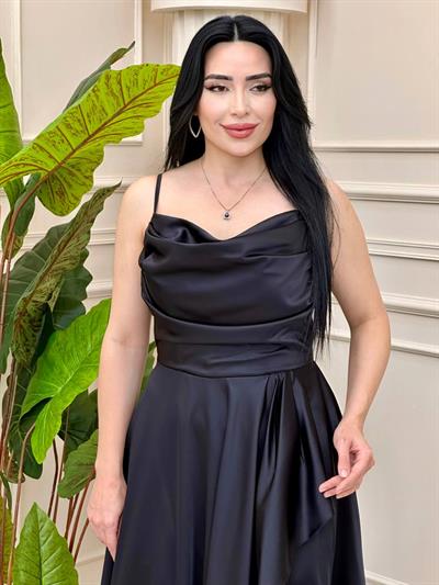 Eteği Molanlı Saten Elbise 2353 T-24 Siyah