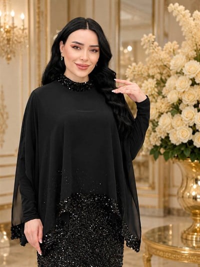 Eteği Payet Şifon Detay Elbise 4828 T-26 Siyah