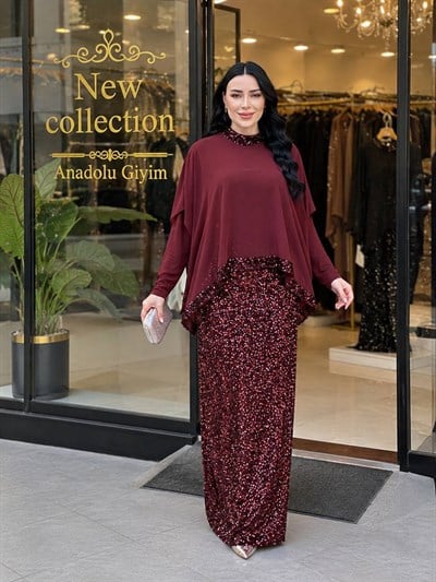 Eteği Payet Şifon Detay Elbise 4828 T-26 Bordo