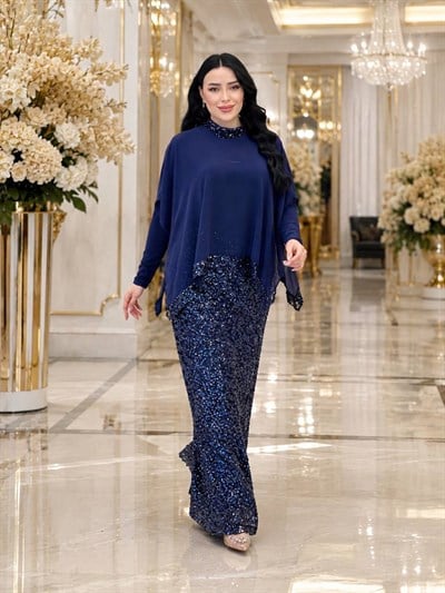 Eteği Payet Şifon Detay Elbise 4828 T-26 Lacivert