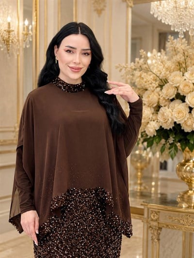 Eteği Payet Şifon Detay Elbise 4828 T-26 Kahverengi