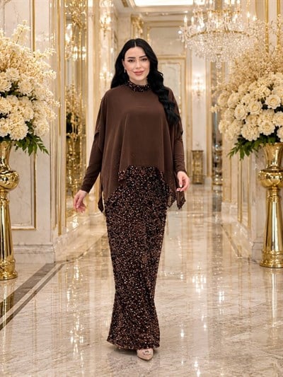 Eteği Payet Şifon Detay Elbise 4828 T-26 Kahverengi