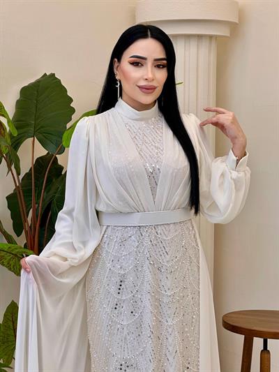 Eteği Pelerin İşlemeli Elbise 4630 T-25 Ekru