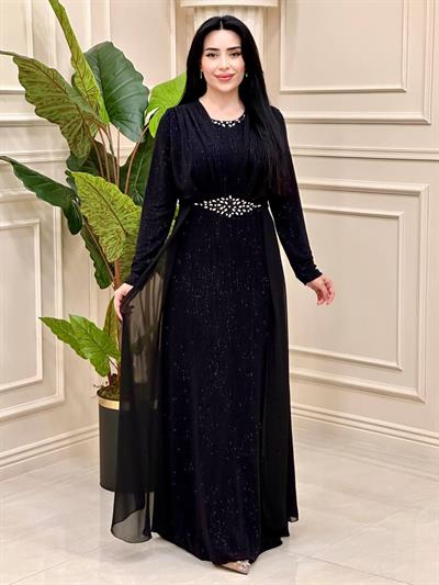Eteği Pelerin Simli Elbise 4443 T-24 Siyah