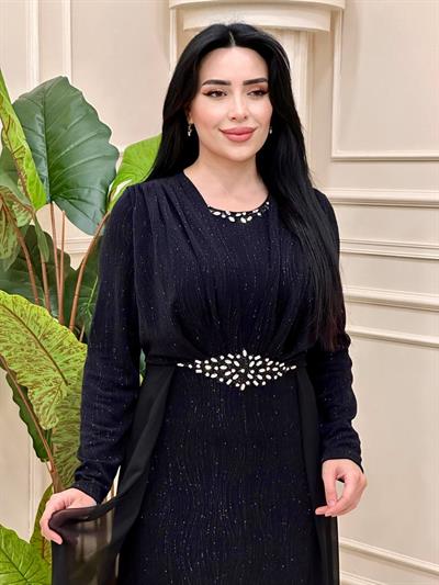 Eteği Pelerin Simli Elbise 4443 T-24 Siyah