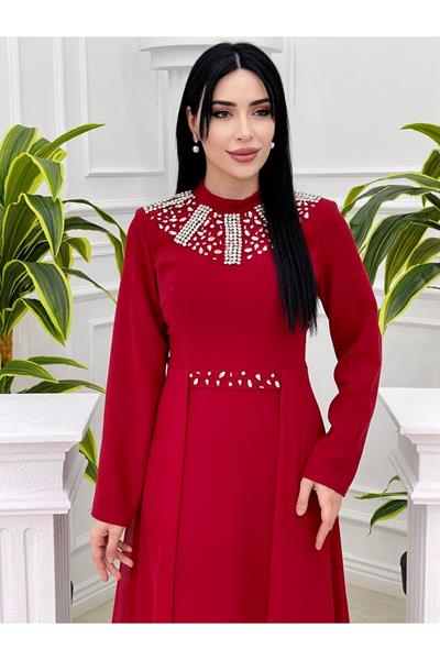 Eteği Pelerin Taşlı Elbise 3789 Kırmızı