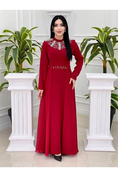 Eteği Pelerin Taşlı Elbise 3789 Kırmızı
