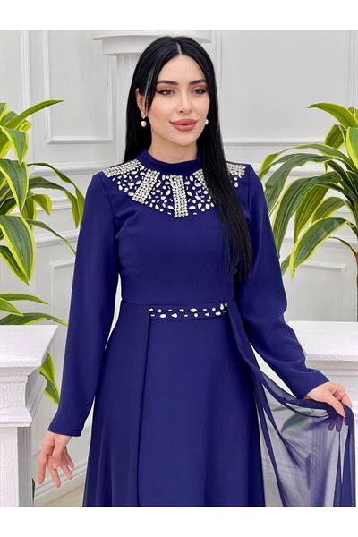 Eteği Pelerin Taşlı Elbise 3789 Saks
