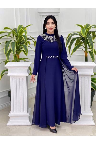 Eteği Pelerin Taşlı Elbise 3789 Saks