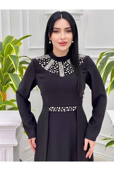 Eteği Pelerin Taşlı Elbise 3789 Siyah