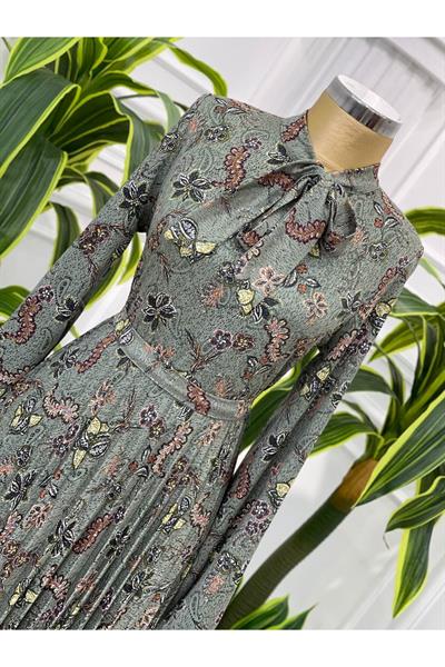 Eteği Pilise Dantel Elbise 4023-Yeşil