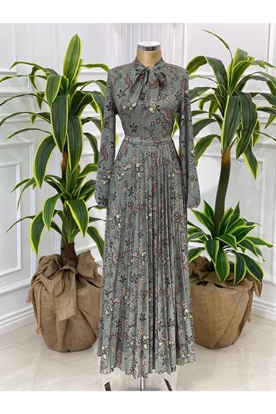 Eteği Pilise Dantel Elbise 4023-Yeşil