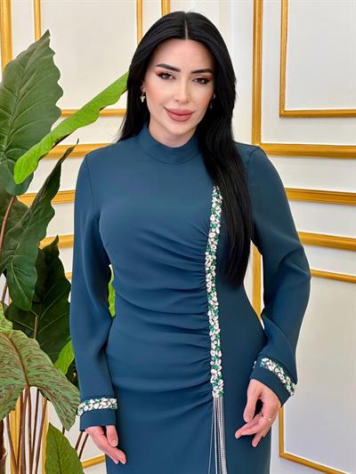 Eteği Saçaktaş Drape Elbise 3000 E-25 Zümrüt Yeşil