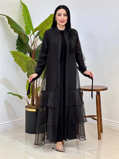 Eteği Volan Abaya Elbise 2131 T-25 Siyah