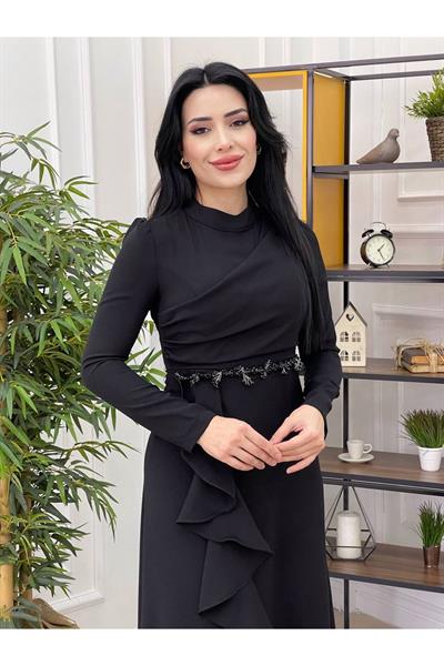 Eteği Volanlı Elbise 1177 Siyah