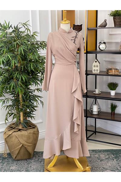 Eteği Volanlı Elbise 4063 Bej