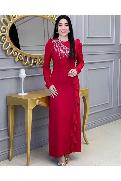 Etegi Volanlı Elbise 4212 Kırmızı