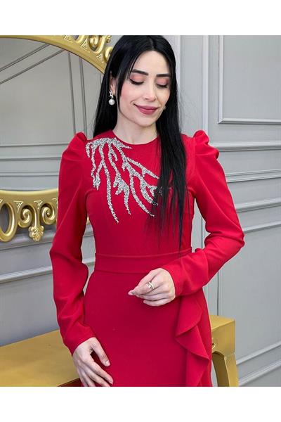 Etegi Volanlı Elbise 4212 Kırmızı