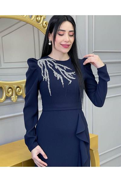 Etegi Volanlı Elbise 4212 Lacivert