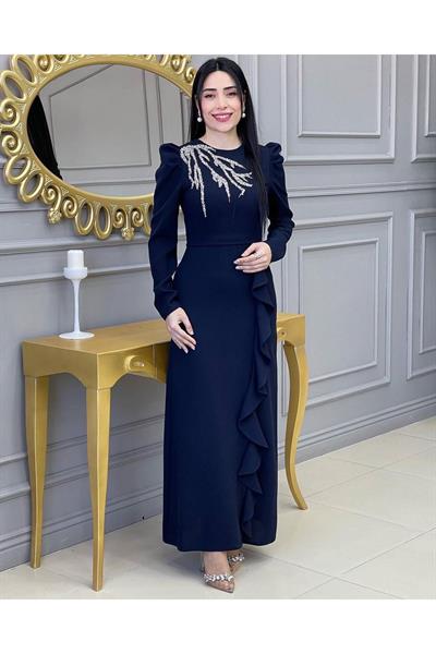 Etegi Volanlı Elbise 4212 Lacivert