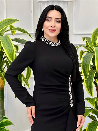 Eteği Volanlı Krep Elbise 5131 t-24 Siyah