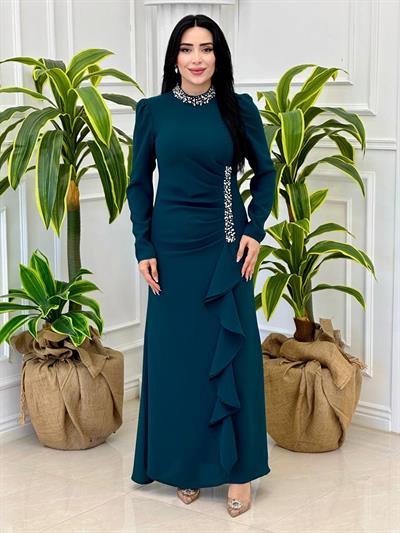 Eteği Volanlı Krep Elbise 5131 t-24 Zümrüt Yeşil