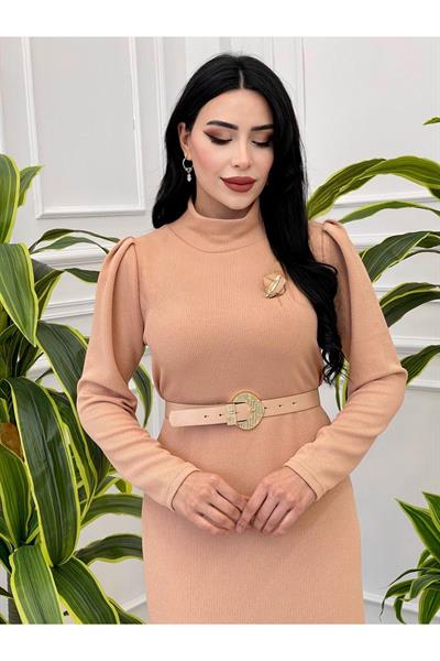 Eteği Volanlı Triko Elbise 1362 Bej