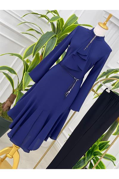 Eteği Volanlı Tunik Takım 4719 Saks