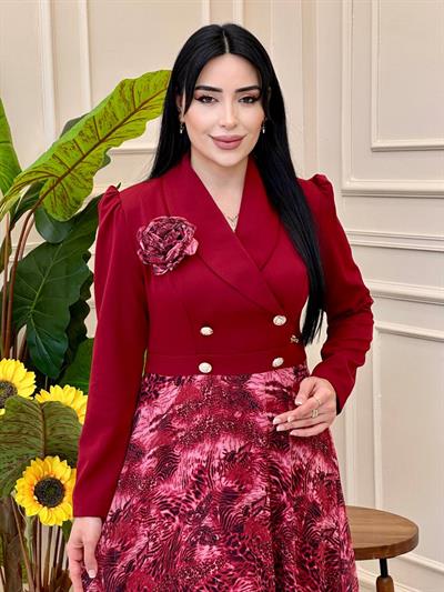 Etek Desen Ceket Görünümlü Elbise 7038 t025 Bordo