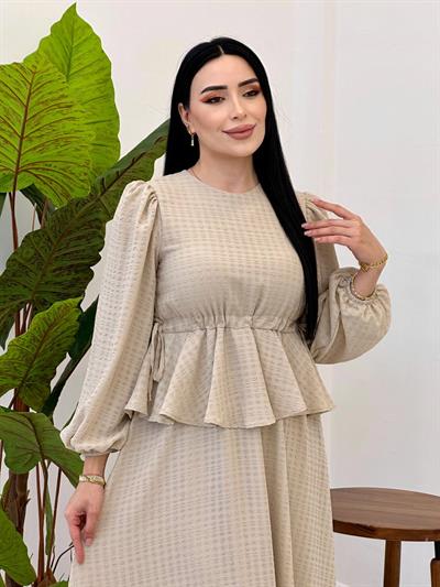 Etek Detaylı Göfre Elbise 9535 Bej