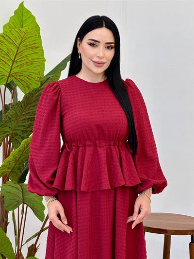 Etek Detaylı Göfre Elbise 9535 Bordo