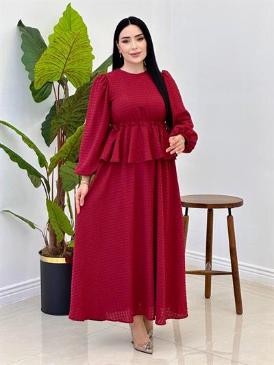 Etek Detaylı Göfre Elbise 9535 Bordo