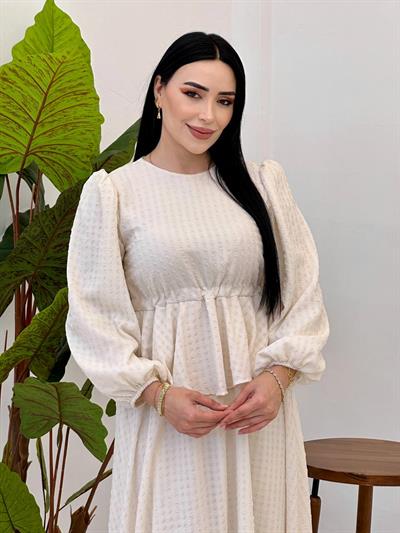Etek Detaylı Göfre Elbise 9535 Ekru