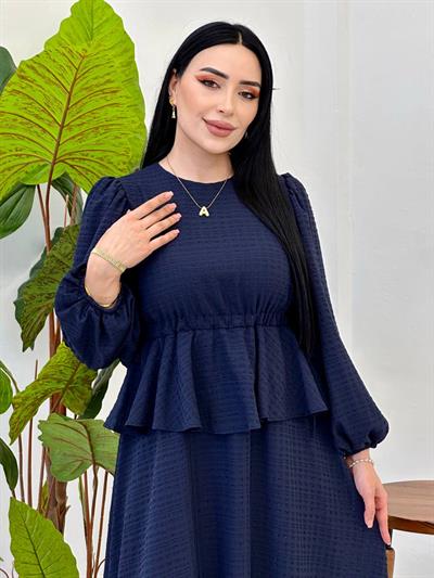 Etek Detaylı Göfre Elbise 9535 Lacivert