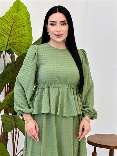 Etek Detaylı Göfre Elbise 9535 Yeşil