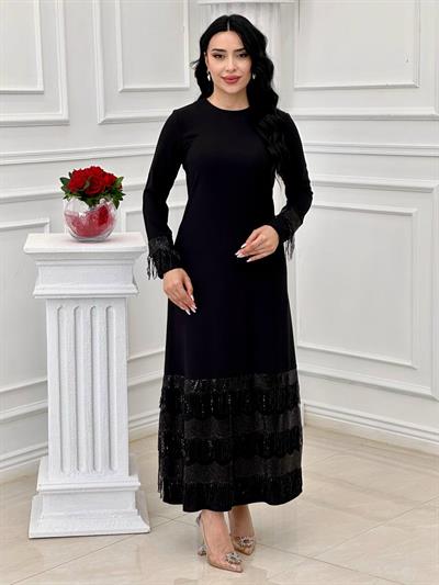 Etek Kol Ucu Pul Saçak Elbise 20936 t-24 Siyah