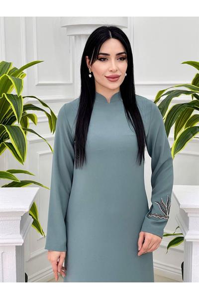 Etek Uçu Taşlı Elbise 760 Mint yeşili