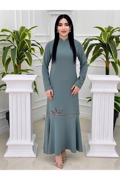 Etek Uçu Taşlı Elbise 760 Mint yeşili